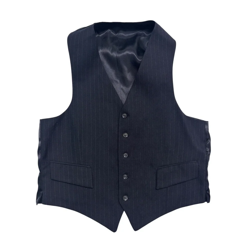 vtg 70s Navy Blue Pinstripe 40R 36x32 3pc Pant Suit Vest Wool USA Flare Leg